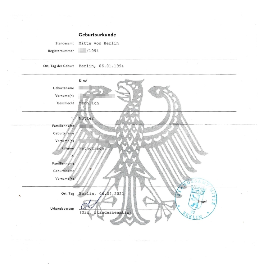 Geburtsurkunde Deutschland (DIN A4) Beglaubigte Übersetzung einer Geburtsurkunde aus Deutschland ins Englische