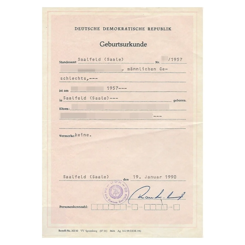 Geburtsurkunde DDR Beglaubigte Übersetzung einer Geburtsurkunde aus der ehemaligen DDR ins Englische