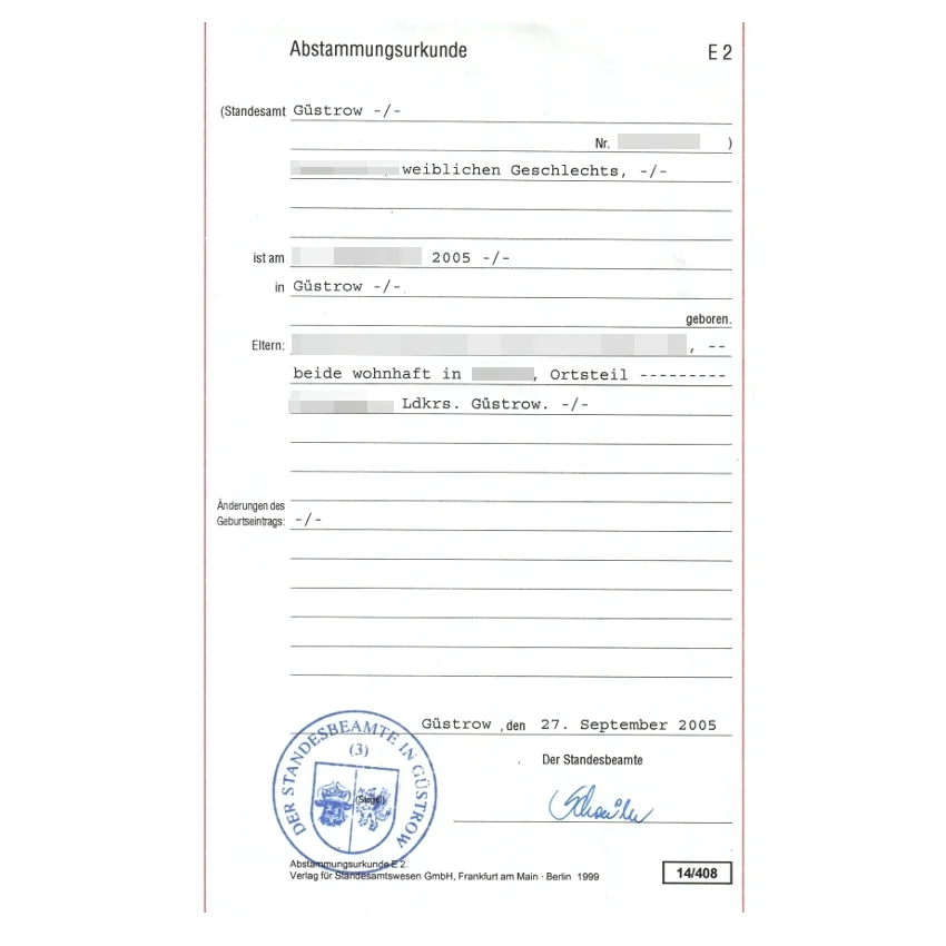 Geburtsurkunde (Formblatt E2, Abstammungsurkunde) Beglaubigte Übersetzung einer Geburtsurkunde (Abstammungsurkunde - Formblatt E2) aus Deutschland ins Englische